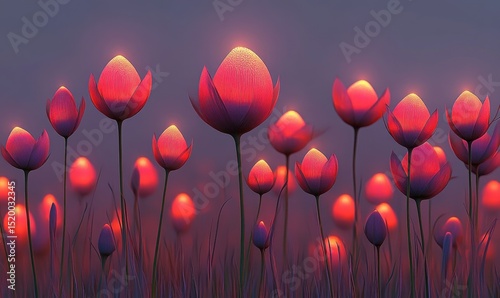Glowing red flowers at sunset, serene field, fantasy art, website banner