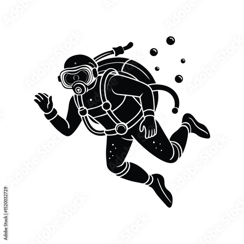 Silhouette of Scuba Diver Underwater – Black and White Vector Illustration of Diving Adventure