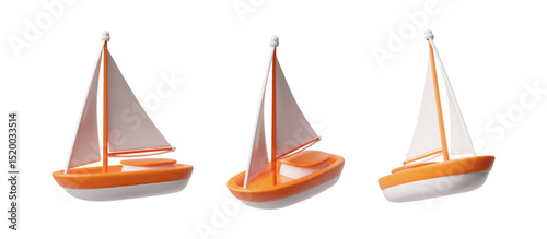 Travel sail boat view from different angles 3D cartoon vector set, sailing vessel, travel ship, yacht cruise transport