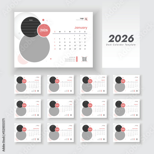 Desk Calendar Template 2026, Minimalist desk calendar 2026 template, New Year 2026 table calendar, Week start on Sunday.