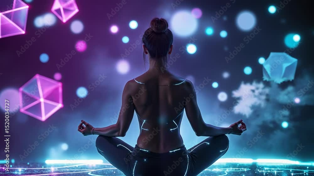 A woman is sitting cross legged in a yoga pose in front of a colorful background