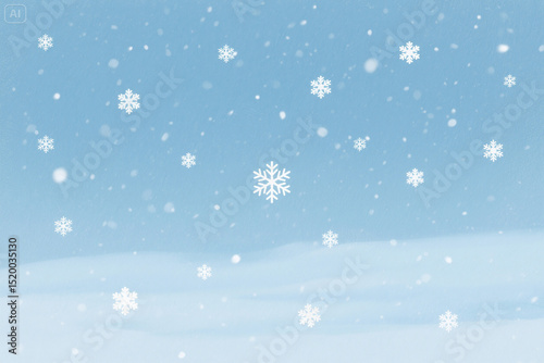 A digital artwork of a serene winter scene, featuring a light blue gradient background with a subtle texture. The image is filled with small white snowflakes, giving the impression of falling snow. Th