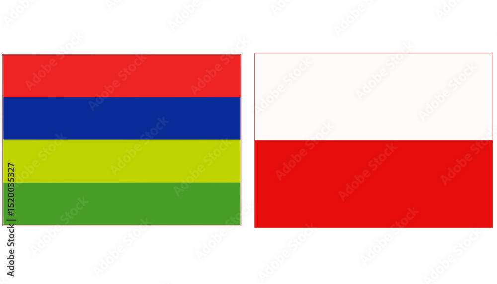 Obraz premium Mauritius Official flag with Poland national flag, both countries flags in Rectangular shape and isolated on white background Horizontal colorful design Flag with together. Mauritius