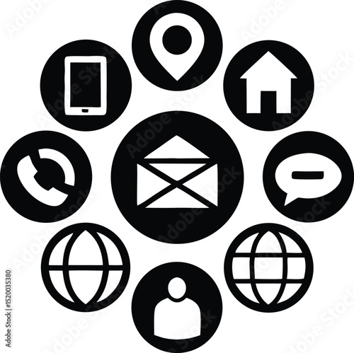 Minimalist black silhouette icons for web design and user interface elements