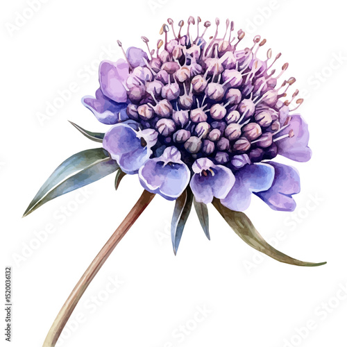 watercolor of A Pincushion Flower Stem, vector high quality, isolated on a white background.