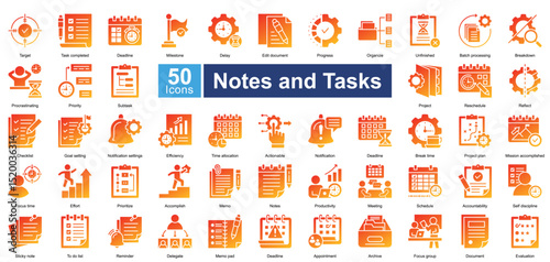 Notes and Tasks icon set contains 50 icons including , batch processing, breakdown, procrastinating, priority, subtask, project, reschedule, reflect, checklist, simple vector glyph gradient style.