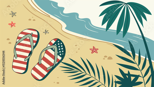 A beach scene with american flag flip flops, palm trees, and starfish on a sandy shore near the ocean