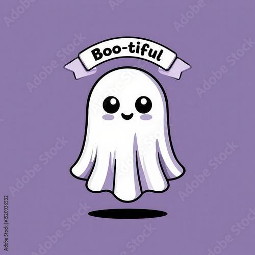 A cute cartoon ghost with big eyes and a smile under a banner that says boo tiful on purple photo