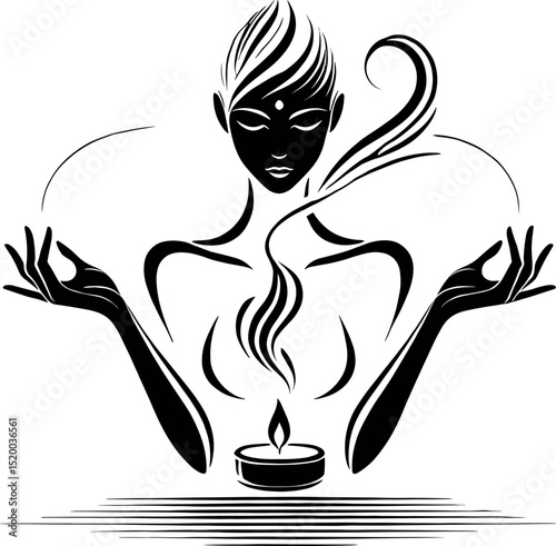 A black-and-white minimalist illustration of an elegant female silhouette with closed eyes, holding a candle. Thin smoke lines rise, capturing a serene moment of wellness and aromatic scents, evoking 