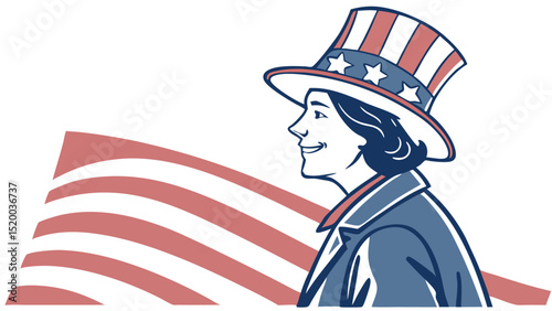Illustration of woman wearing patriotic hat and coat with american flag in the background
