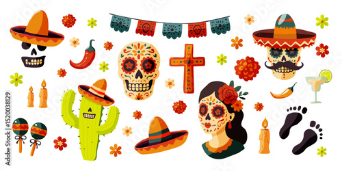 A colorful image of Mexican culture with skulls, candles, and flowers. Scene is festive and celebratory