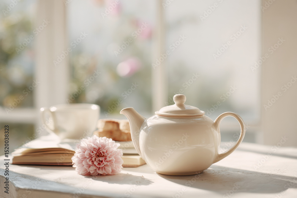 Fototapeta premium beautiful morning routine scene featuring teapot on clean table soft light streaming through window simple