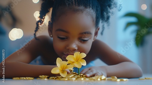 Child planting virtual gold coins that bloom into 3D wealth trees