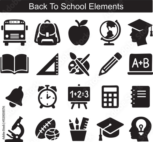 Black School Icon Set Featuring Education Tools, Subjects, and Supplies