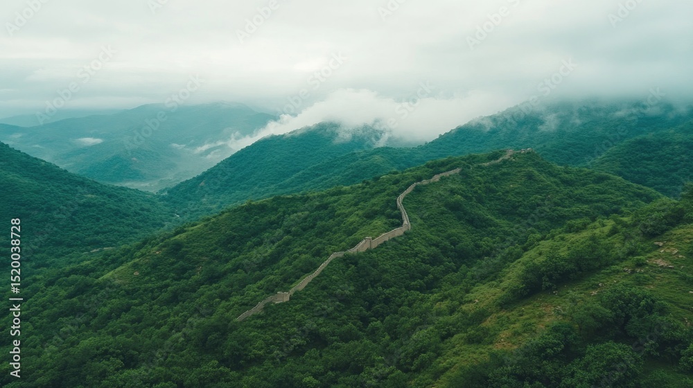 Naklejka premium Curving path of the Great Wall through green mountains with low-hanging clouds brushing the peaks