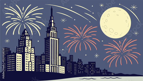 City skyline with fireworks and moon in the sky at night in a retro illustration style image art