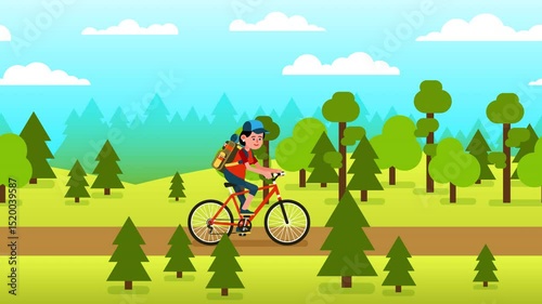 Woman is riding a bicycle along a forest trail, surrounded by trees in a peaceful, natural environment. She carries a backpack and travels through a scenic green park in a flat cartoon style.