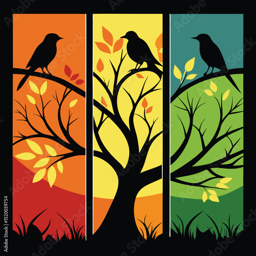 Stylized illustration of birds perched on trees with colorful backgrounds and seasonal changes