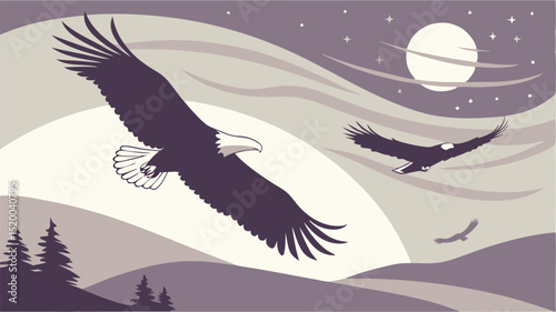 Eagles soaring over a landscape with trees and hills under a moonlit starry sky in a stylized design