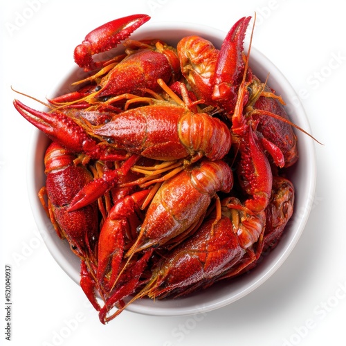Bowl of cooked crayfish isolated on white background