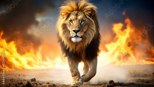 Majestic Lion Striding Fearlessly Through the Inferno: Powerful Wildlife Imagery