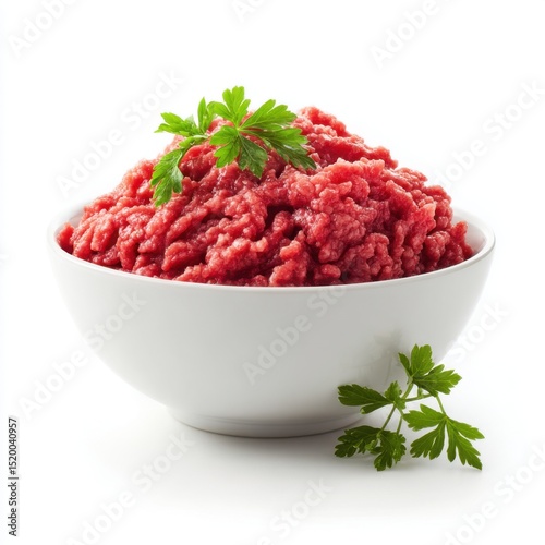 Ground beef in white bowl isolated on white background