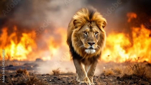 Majestic Lion Walking Confidently Through Fiery Landscape in Slow Motion