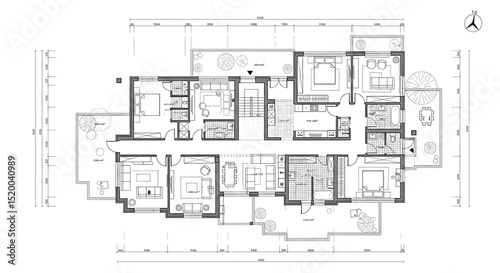 Architectural floor plan drawing in monochrome showing various rooms and layouts with a detailed and technical presentation on white background. Design concept for residential or commercial space.