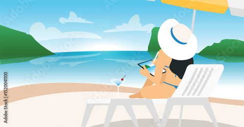 Woman Relaxing on Beach with Tablet – Remote Work in Tropical Paradise