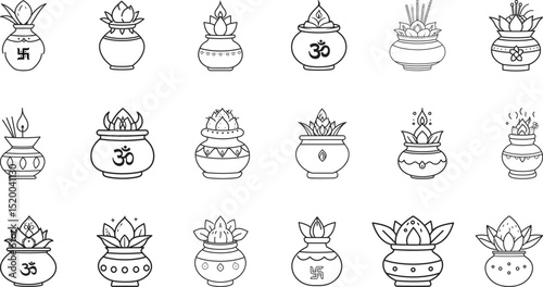 Set of outline illustrations featuring Indian Kalash pot designs, including symbols like Om, swastika, and decorative elements, representing sacred and Indian cultural values.