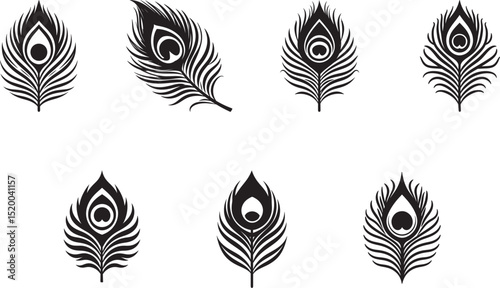 Set of Stylized Black Peacock Feather Icons with Elegant Patterns and Designs For Janmashtami or Traditional Religion