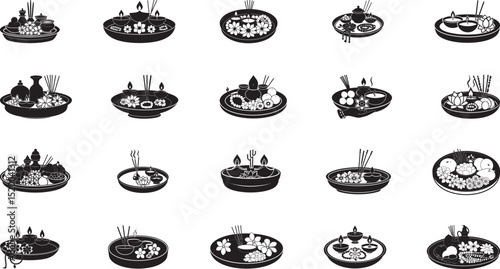 Silhouettes of various traditional floral and sacred puja thali arrangements,  culture, and ritualistic essence. Each offering reflects artistry, devotion, and spiritual traditions in a symbol
