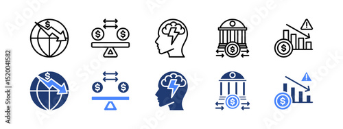 Economy Crisis icon set with Global Crisis, Balance, Depression, Fiscal and Economic Crisis.