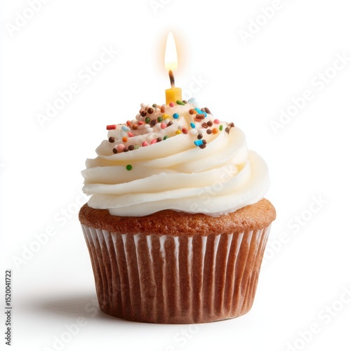 Vanilla cupcake with candle and sprinkles isolated on white background