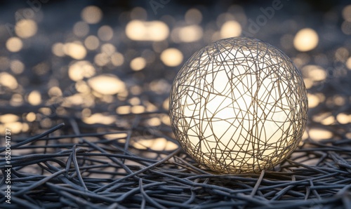 Illuminated sphere amidst glowing bokeh, night setting, decorative design, website background