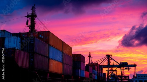 Vibrant sunset over a busy container port with silhouetted cargo containers and cranes in action