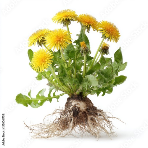 Dandelion plant with roots isolated on white background