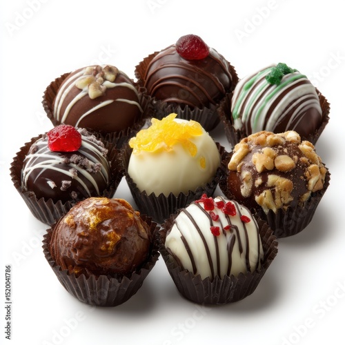 Assorted gourmet chocolate truffles isolated on white background