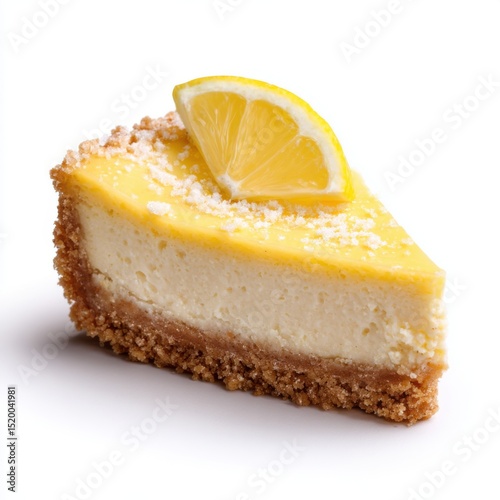 Delicious lemon cheesecake slice isolated on white background