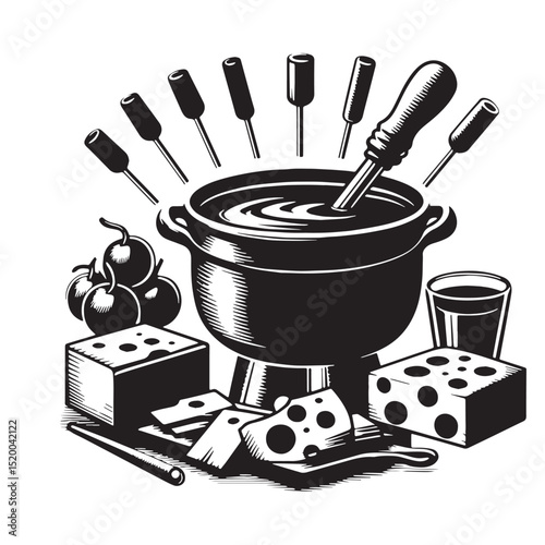 Black Cheese Fondue Silhouette Vector, High Quality Illustration on White Background