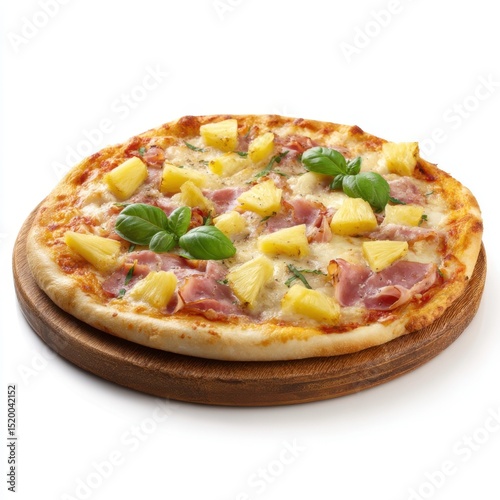 Hawaiian pizza on wooden board isolated on white background