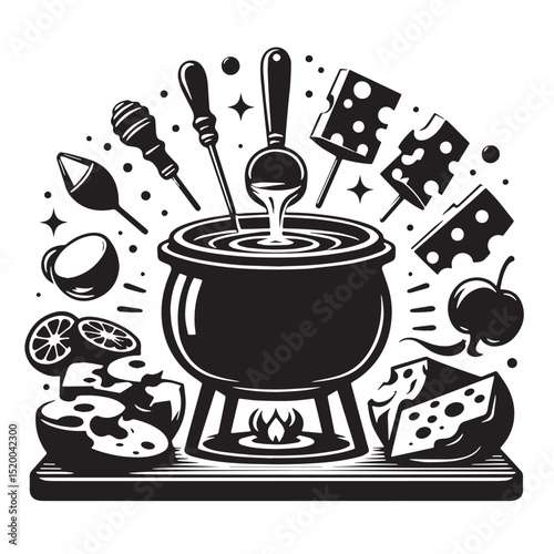 Black Cheese Fondue Silhouette Vector, High Quality Illustration on White Background
