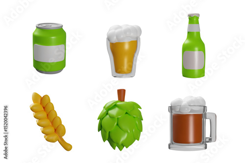 3d vector beer set with bottle, can, mug with foam mockups, hops and wheat ear.