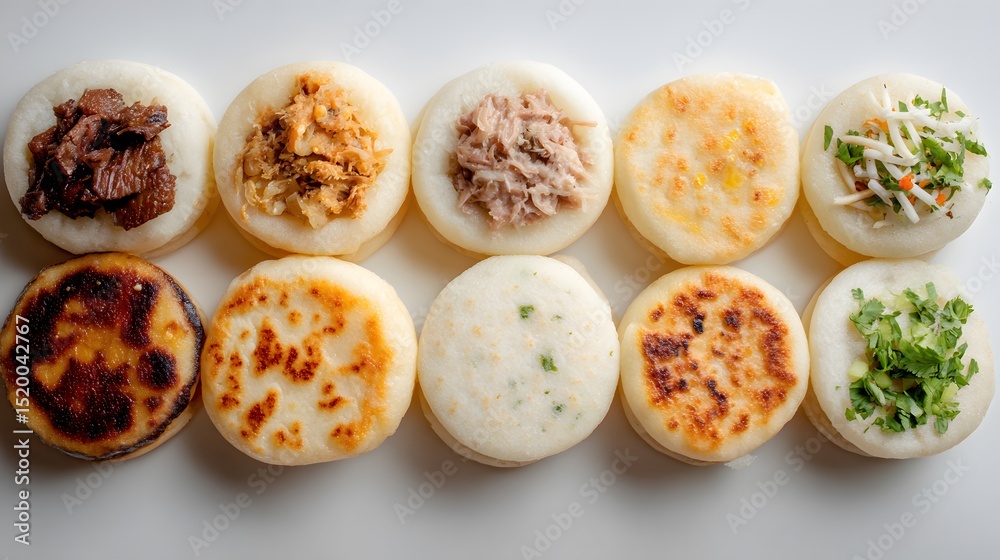 Fototapeta premium A delightful assortment of arepas with various fillings, ready to enjoy.