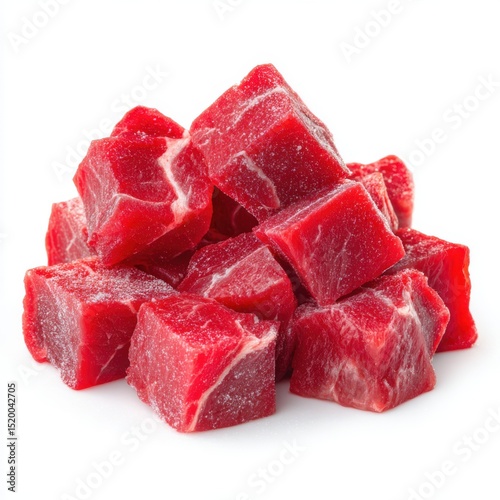 Frozen beef cubes isolated on white background