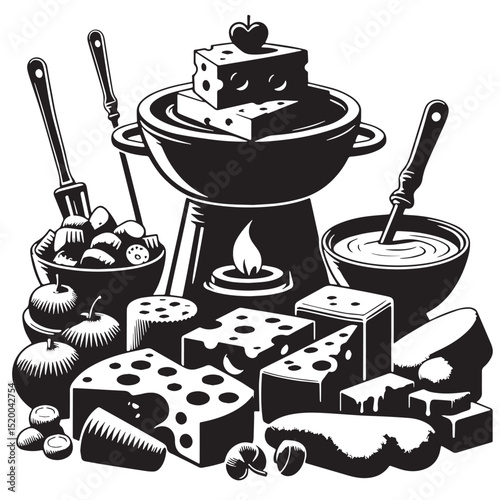 Black Cheese Fondue Silhouette Vector, High Quality Illustration on White Background