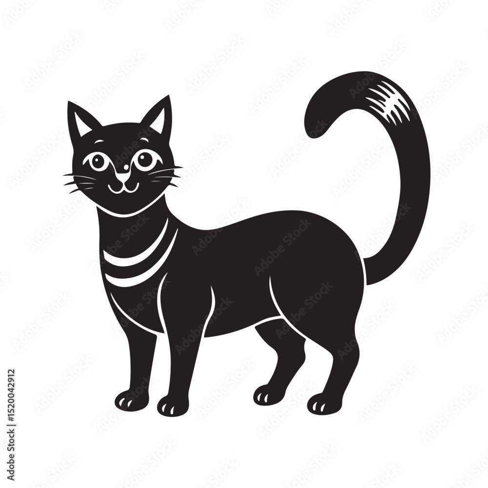 Obraz premium Smiling Black Cartoon Cat with Curved Tail and Striped Neck