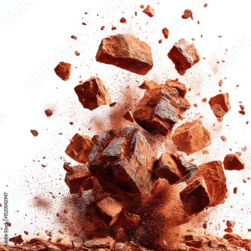 Exploding red bricks isolated on white background