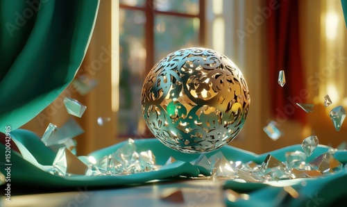 Intricate sphere amidst shattered glass near window