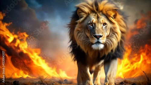 Majestic Lion Striding Confidently Through Fiery Landscape, Evoking Power and Resilience